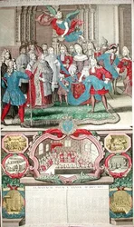 Calendrier pour 1716 représentant Louis XV (1710-74) avec son Parlement, 12 septembre 1715, 1716